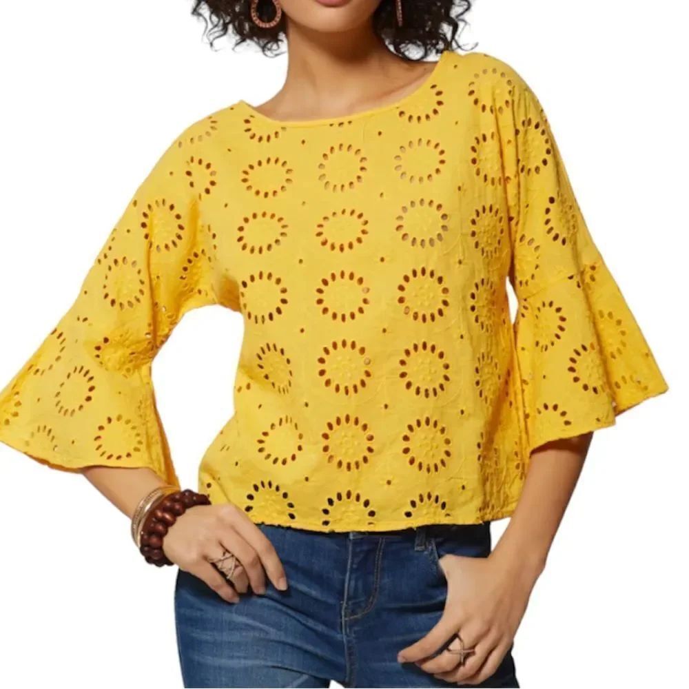 Soho Yellow Sunrise Orange Bell Sleeve Eyelet Blouse Large
